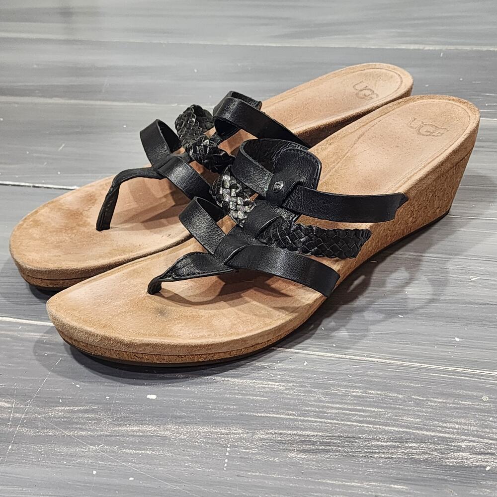 Ugg Maddie Wedge Sandals Leather Cork Black Thongs Slip‎ On Shoes Size 11